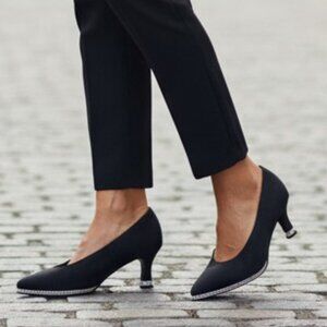 VINTAGE SAUGUS Black Neoprene Rhinestone Wrapped Heels 9 Wedding Pumps Shoes